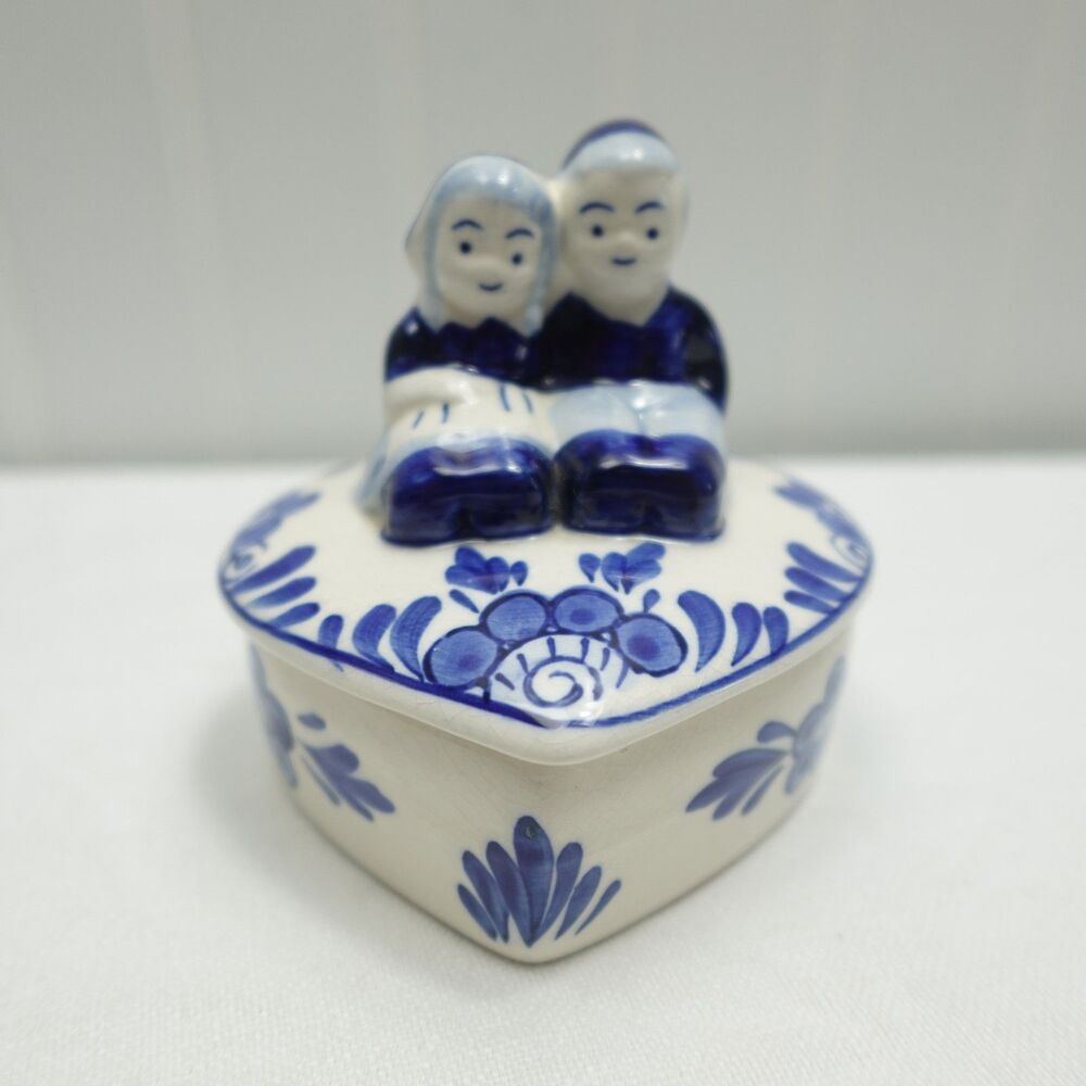 Vintage Delft Blue Handpainted Heart Trinket Box with Dutch Couple Figurine Lid